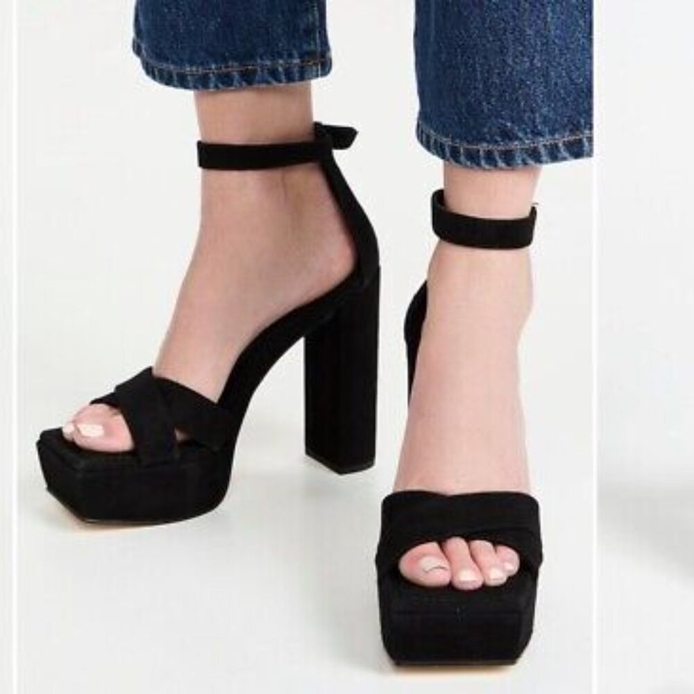 Good American Women's Black Block Heel Description Platform Sandal Size 8.5‎